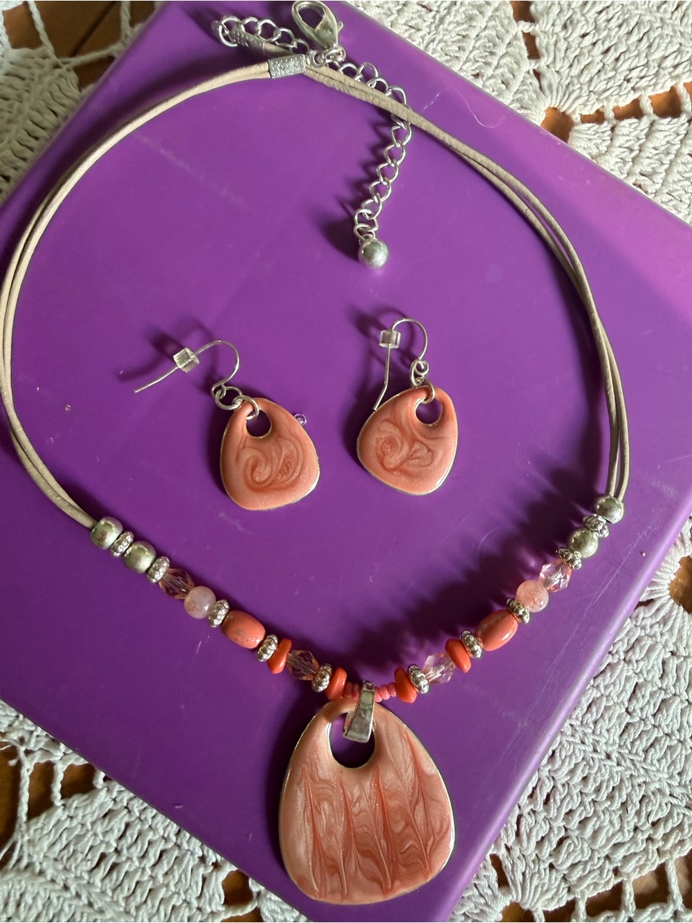 Handcrafted Coral Pendant Necklace and Earring Set - Women Jewelry